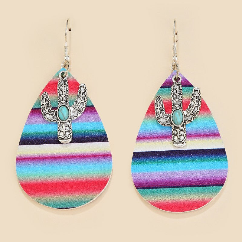 Wholesale Rainbow Color Double Sided Leather Alloy Cactus Droplet Leather Earrings